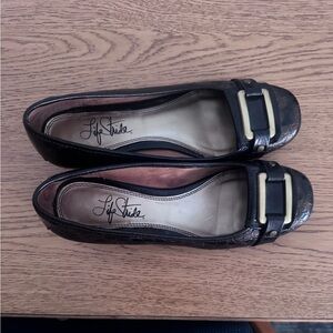 Life Stride Black Ballet Flats with Gold Buckle Accent